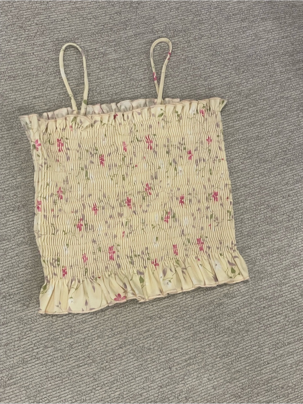 Smocked Floral Ruffle Cami Top - Cream with Pink Floral